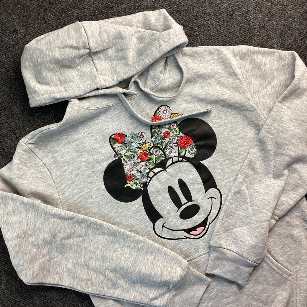 Disney Minnie Mouse Embroidered Floral Bow Hoodie Gray Sweatshirt Small 220